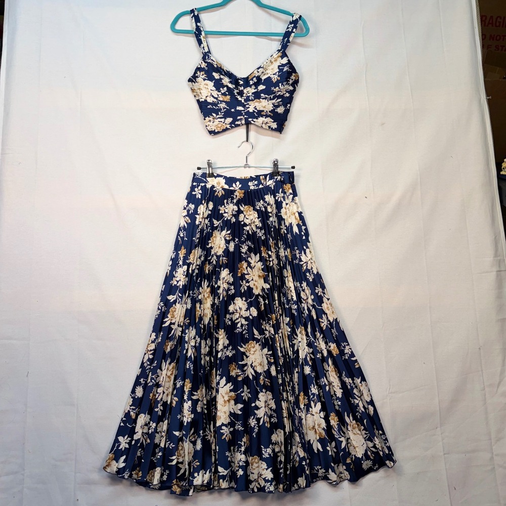 Abercrombie & Fitch Navy Floral 2 Piece Set Pleated Maxi Skirt & Crop Top XS